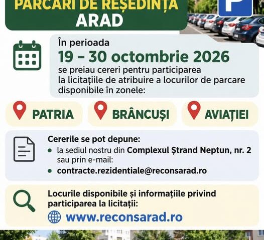 Licitații pentru parcările de reședință din Arad. Cererile se depun până la 30 octombrie