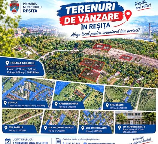 Primăria Reșița scoate la licitație terenuri și un spațiu comercial. Ofertele se depun până pe 2 noiembrie