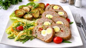 Ruladă cu ficăței de pasăre și carne tocată de vită, servită cu varză în sos de smântână și cartofi natur