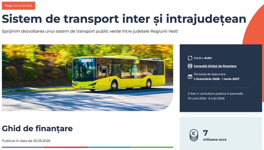 Transport public integrat în Regiunea Vest: finanțare de peste 7 milioane de euro pentru autobuze nepoluante și sisteme moderne